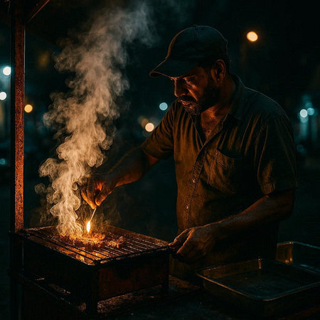Portrait of a street vendor in the city at night. Street food.の写真素材