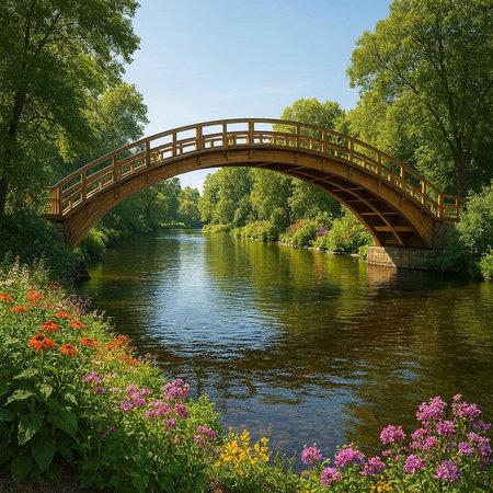 Wooden bridge over the river and colorful flowers in the park.の写真素材