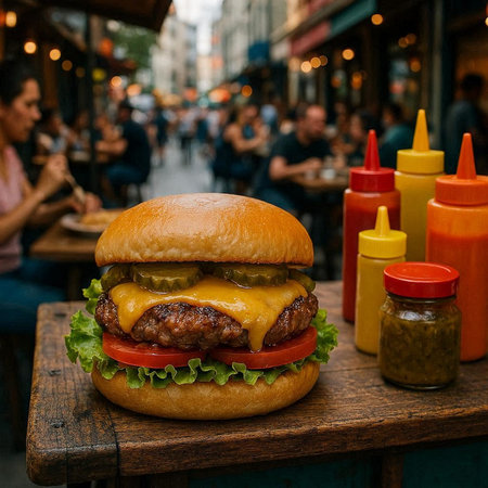 Hamburger on a wooden table in a street cafe in Parisの写真素材
