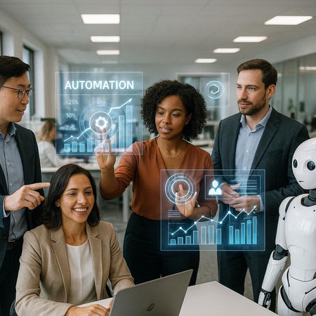 Group of business people working together in office. AI and robots concept.