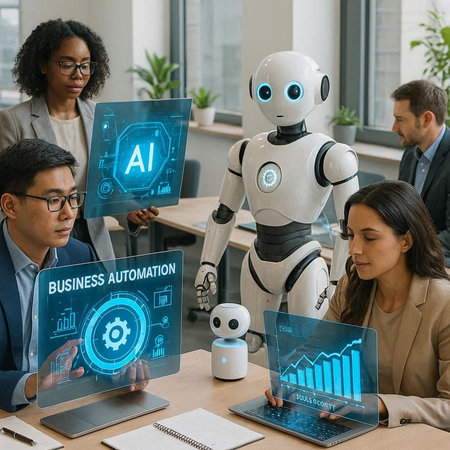 Group of business people working together in a modern office. AI concept.