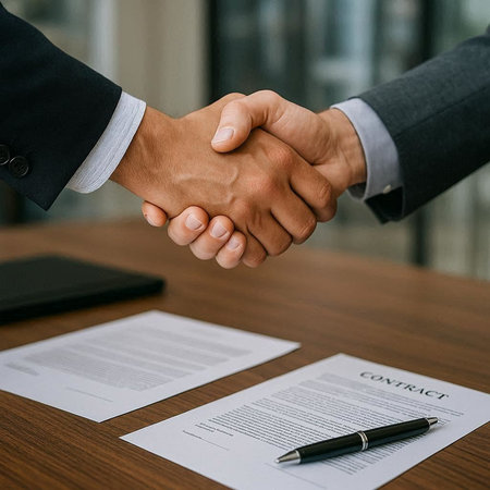 Close-up image of two businessmen shaking hands in office. Handshake concept