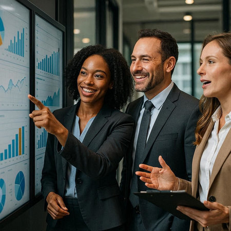 Portrait of happy business people looking at camera and smiling while standing in office