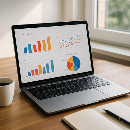 Laptop screen displaying a business analysis concept on a desk at homeの写真素材