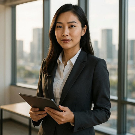 Portrait of businesswoman using digital tablet while standing in modern office
