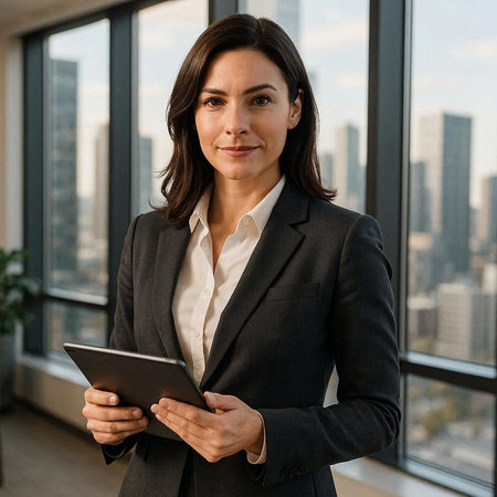 Portrait of confident businesswoman using digital tablet while standing in officeの写真素材