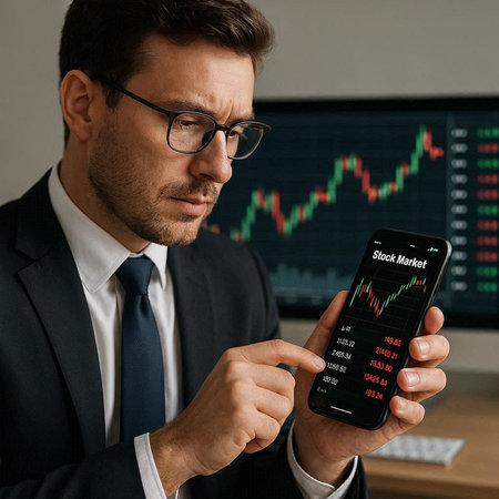 Serious businessman in eyeglasses using smartphone with stock market chart on screen
