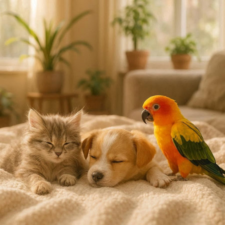 Cat and dog playing together on the bed with a parrot.