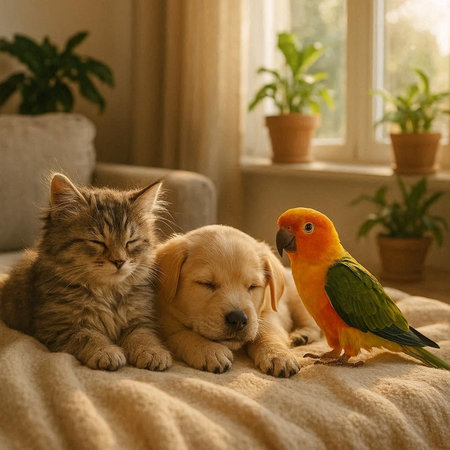 Cat, dog and yellow parrot sitting together on the couch.の写真素材