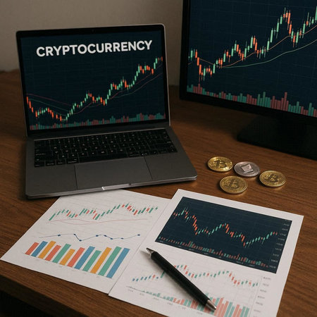 Laptop with financial chart on screen. Cryptocurrency concept.の写真素材
