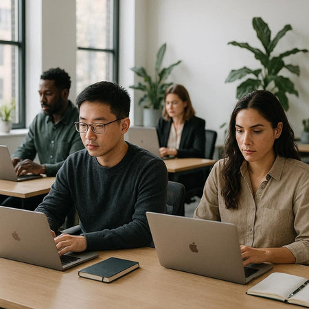 Image of concentrated multiethnic businesspeople using laptop while working in officeの写真素材