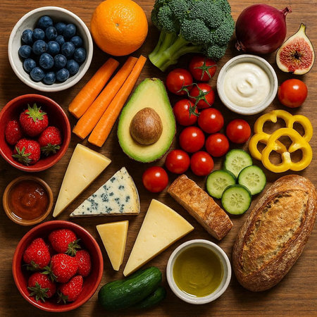 Healthy food selection on wooden background. Top view, flat layの写真素材