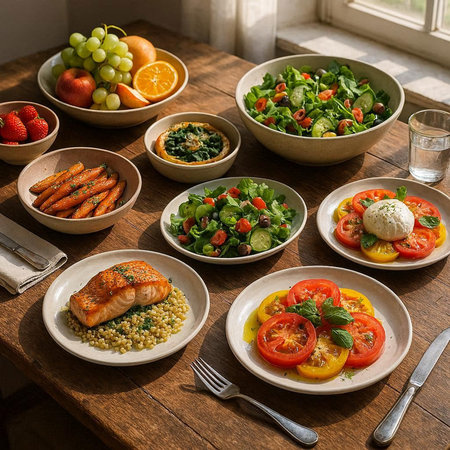 Healthy breakfast table with salmon, quinoa, fresh vegetables and fruit