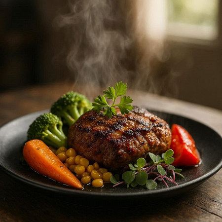 Grilled beef steak with vegetables on black plate over wooden table.の写真素材