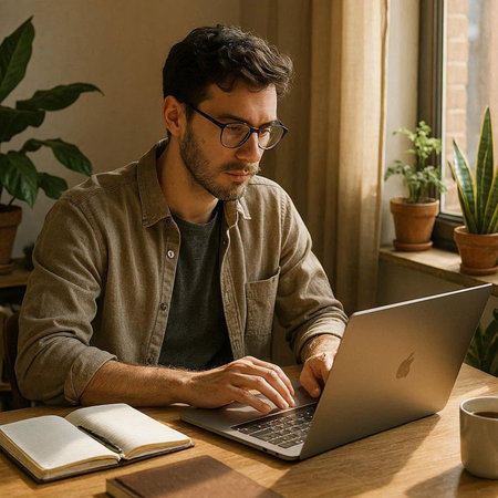 Image of concentrated young man in eyeglasses using laptop while sitting in cafe