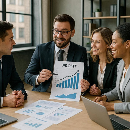 Successful business people working in office. Group of happy young business people in smart casual wear sitting at the table and working together.の写真素材