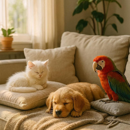 Cute cat, dog and macaw sitting on sofa at home