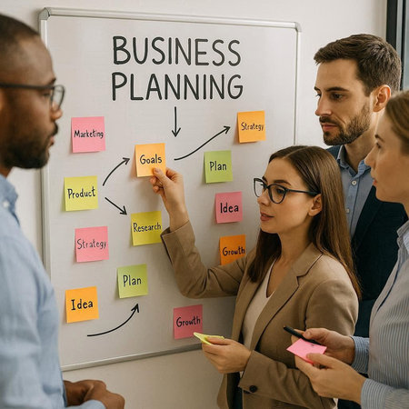 Business planning concept on whiteboard with business people working in background.の写真素材