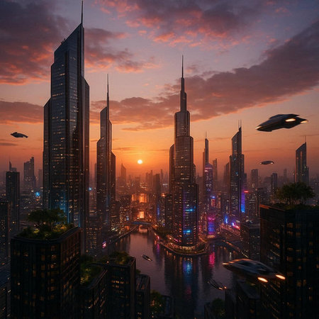 Dubai skyline at sunset, United Arab Emirates. 3d rendering