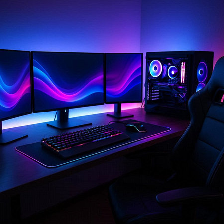 Computer monitors with blue and pink lights in a dark room. 3d rendering