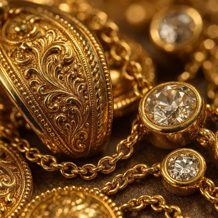 jewelry necklace and earrings on a golden background close upの写真素材