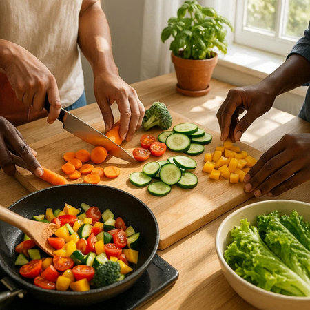 Close-up of mixed race couple cooking vegetable salad together at home