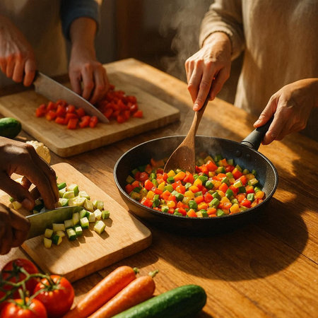Close-up of group of people cooking vegetables in the kitchen.