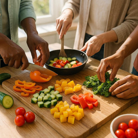cropped image of multiethnic friends cooking vegetable salad at home