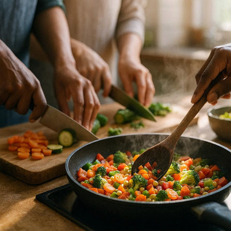 Cropped image of multiethnic couple cooking vegetable stew in kitchenの写真素材