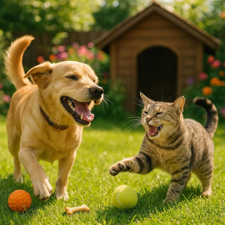 Cat and dog playing with tennis ball on green grass in garden.