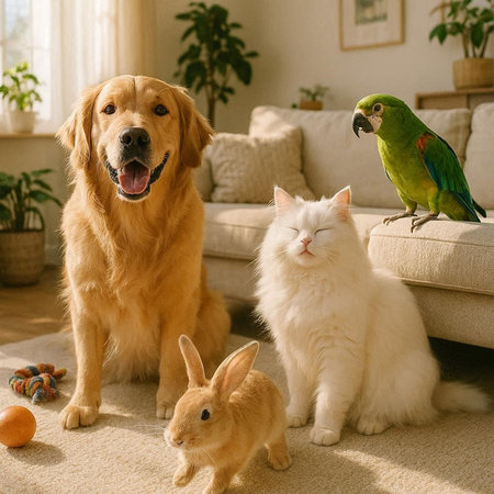 Golden Retriever, cat and dog in the living room at home