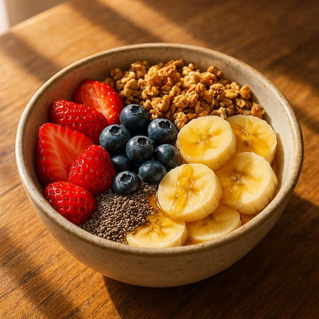 Healthy breakfast bowl with oatmeal, fresh berries and granola