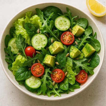 Healthy salad with avocado, cucumber, tomatoes and arugula in bowl over white marble background. Top...