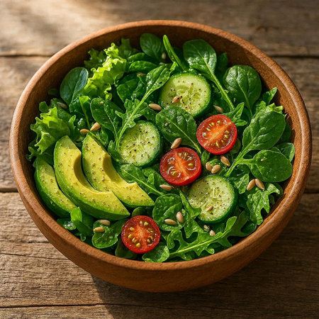Green salad with avocado, tomatoes and sunflower seeds in wooden bowl