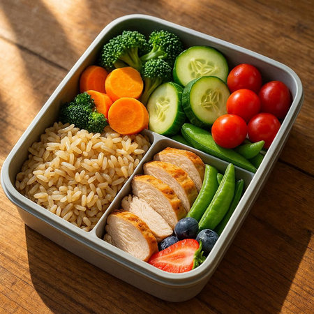 Healthy lunch box with chicken, vegetables and rice on wooden table