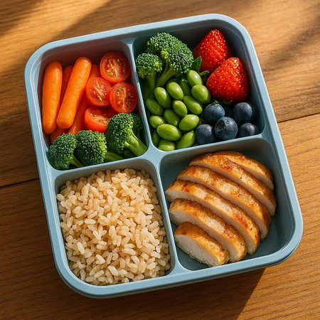 Healthy lunch box with chicken, vegetables and rice on wooden table
