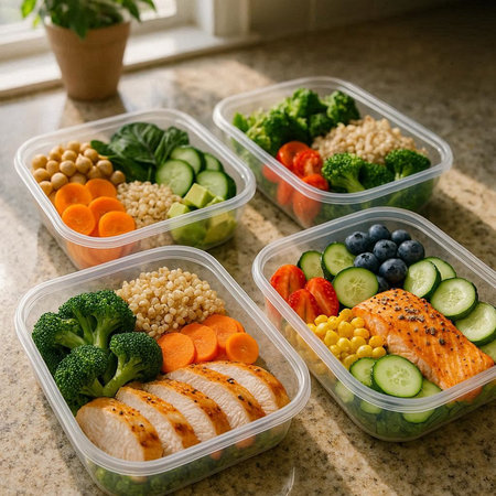 Healthy lunch box with chicken fillet, vegetables and cereals