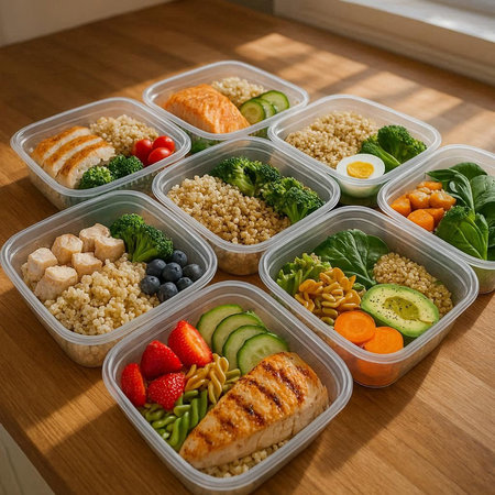 Healthy meal prep containers with salmon, vegetables, mushrooms and eggs