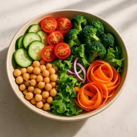 Vegetable salad with chickpeas, tomatoes and cucumbers in a bowl