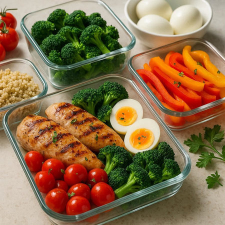 Healthy lunch prep containers with grilled chicken fillet, boiled egg and fresh vegetables