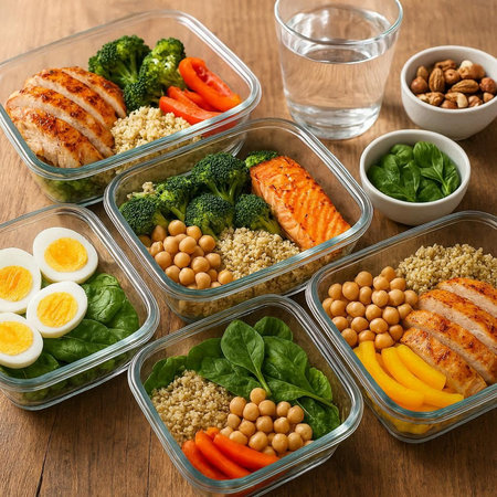 Healthy food in plastic containers on wooden background. Diet concept.の写真素材