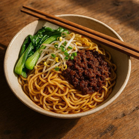 Asian noodles with beef and vegetables in a bowl on a wooden table