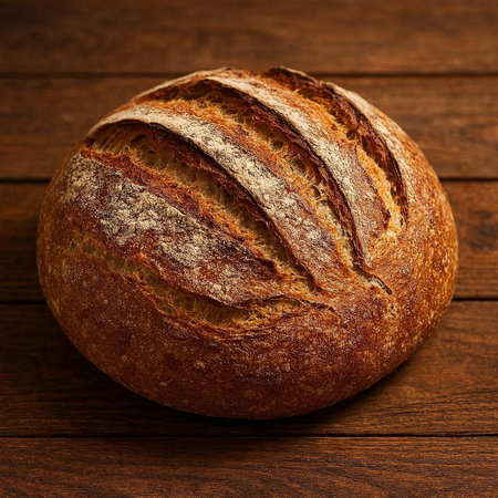 Loaf of bread on wooden background. Top view, copy space
