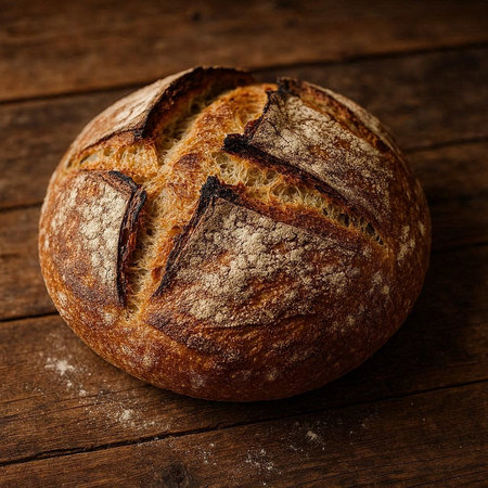 Freshly baked bread on wooden background. Top view. Copy space.