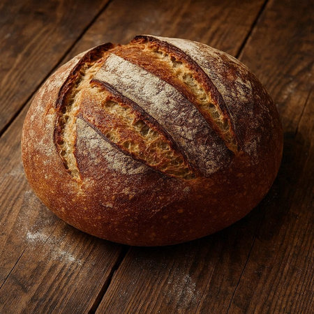 Loaf of bread on wooden table. Close-up image.