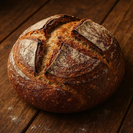 Freshly baked bread on wooden table. Shallow dof.