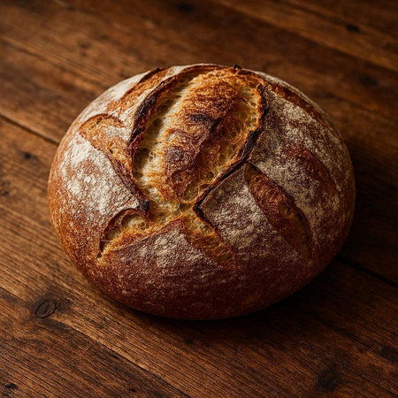 Freshly baked bread on a wooden table. Close-up.