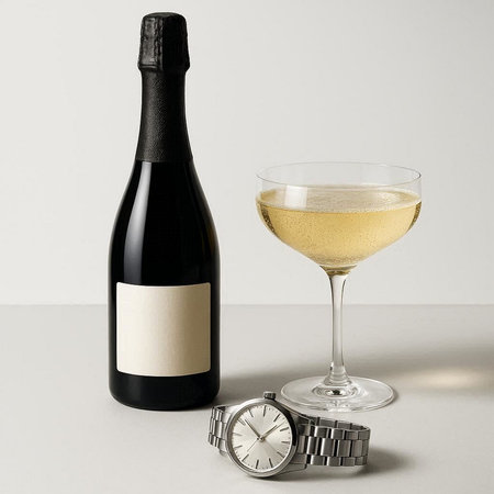 Bottle of white wine, wristwatch and glass on white background
