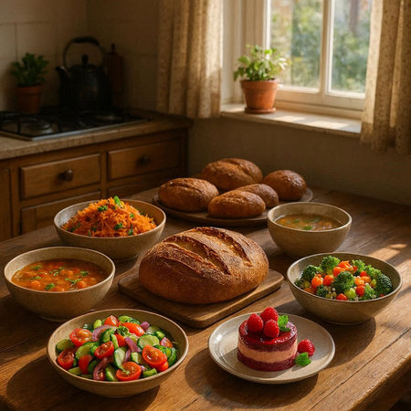Assortment of soups and soups in bowls on wooden tableの写真素材