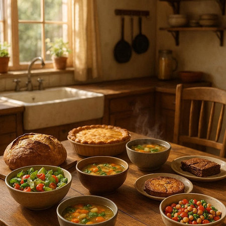 Variety of vegetable soups in bowls on rustic wooden table